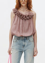 Art Pink Ruffled Patchwork Cotton Spaghetti Strap Tops Sleeveless