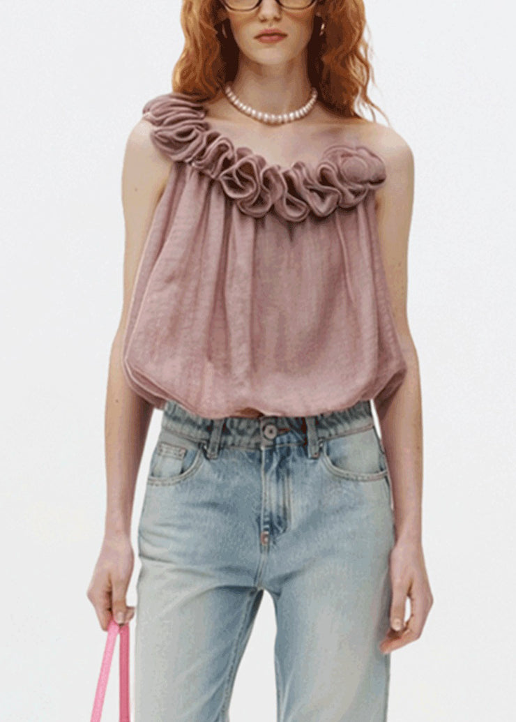 Art Pink Ruffled Patchwork Cotton Spaghetti Strap Tops Sleeveless