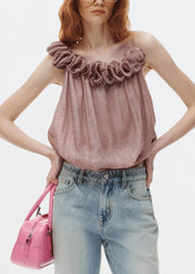 Art Pink Ruffled Patchwork Cotton Spaghetti Strap Tops Sleeveless