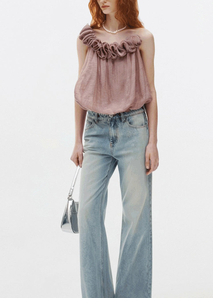 Art Pink Ruffled Patchwork Cotton Spaghetti Strap Tops Sleeveless