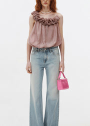 Art Pink Ruffled Patchwork Cotton Spaghetti Strap Tops Sleeveless
