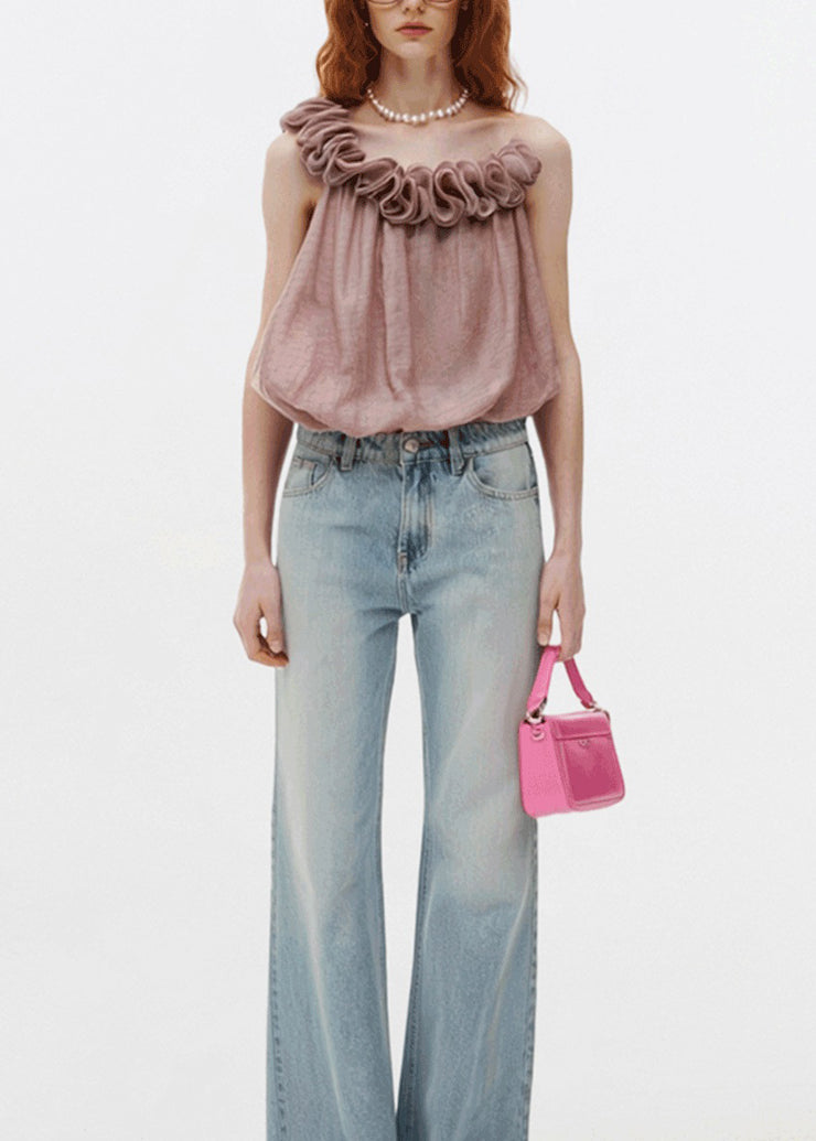 Art Pink Ruffled Patchwork Cotton Spaghetti Strap Tops Sleeveless