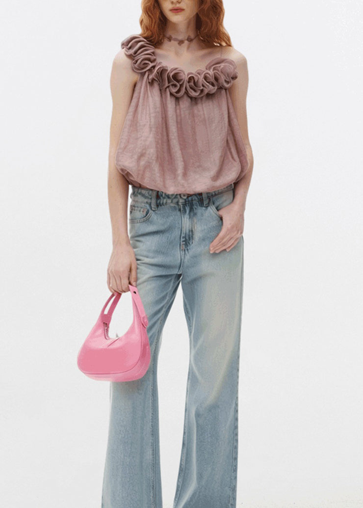 Art Pink Ruffled Patchwork Cotton Spaghetti Strap Tops Sleeveless