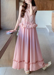Art Pink Ruffled Tank And Wide Leg Pants Cotton Two Pieces Set Sleeveless
