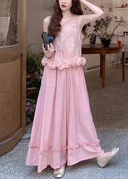 Art Pink Ruffled Tank And Wide Leg Pants Cotton Two Pieces Set Sleeveless
