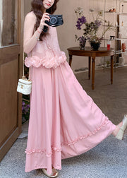 Art Pink Ruffled Tank And Wide Leg Pants Cotton Two Pieces Set Sleeveless