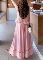 Art Pink Ruffled Tank And Wide Leg Pants Cotton Two Pieces Set Sleeveless
