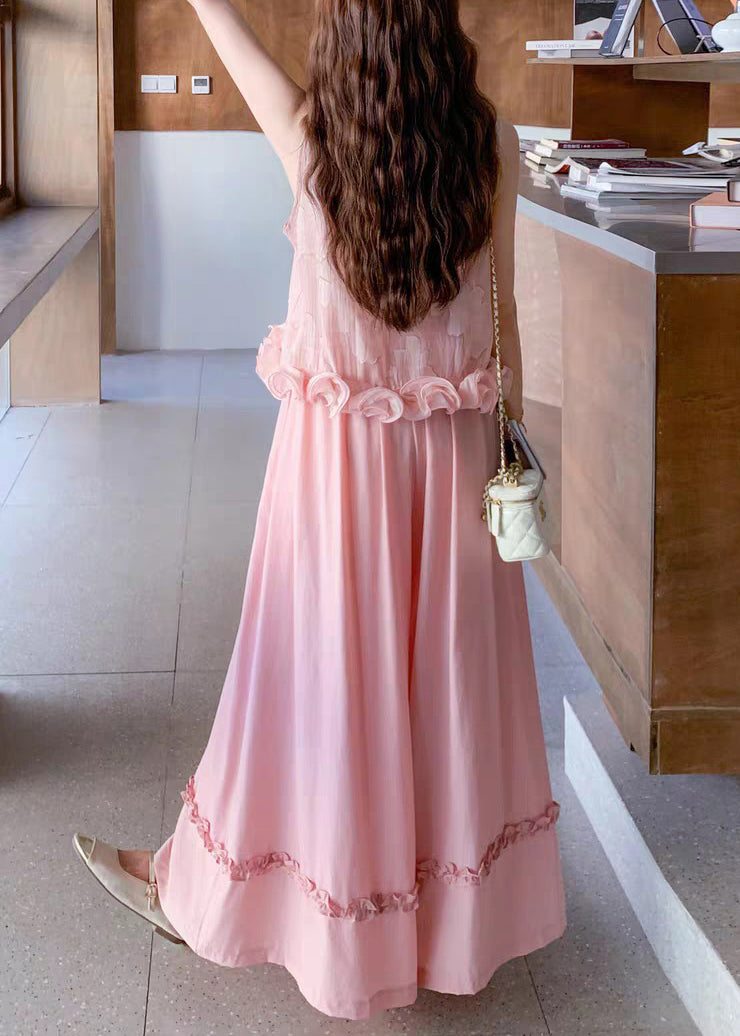 Art Pink Ruffled Tank And Wide Leg Pants Cotton Two Pieces Set Sleeveless