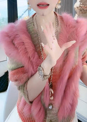 Art Pink V Neck Button Fox Fur Patchwork Knit Coat Winter