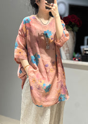 Art Pink V Neck Print Side Open Linen Blouses Half Sleeve