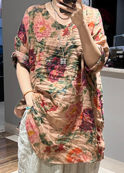 Art Pink V Neck Print Side Open Linen Blouses Half Sleeve