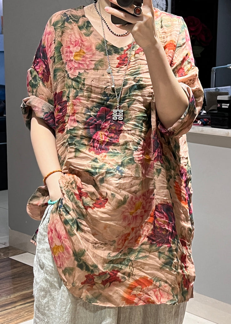 Art Pink V Neck Print Side Open Linen Blouses Half Sleeve