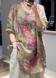 Art Pink V Neck Print Side Open Linen Blouses Half Sleeve