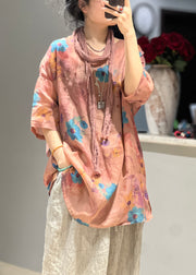 Art Pink V Neck Print Side Open Linen Blouses Half Sleeve