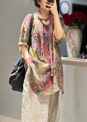 Art Pink V Neck Print Side Open Linen Blouses Half Sleeve