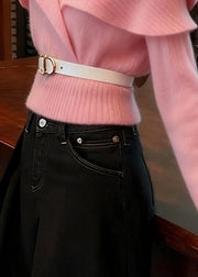 Art Pink V Neck Ruffled Solid Knit Sweater Fall