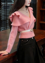 Art Pink V Neck Ruffled Solid Knit Sweater Fall