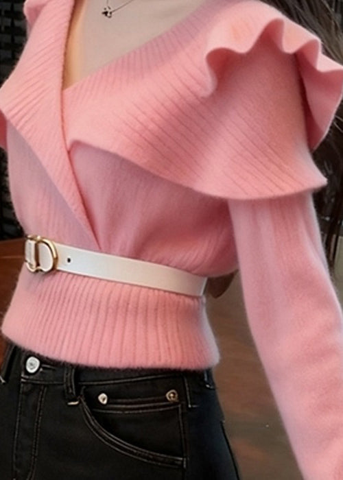 Art Pink V Neck Ruffled Solid Knit Sweater Fall