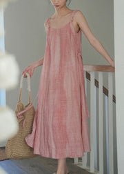 Art Pink Wear On Both Sides Tie Waist Linen Spaghetti Strap Dress Sleeveless
