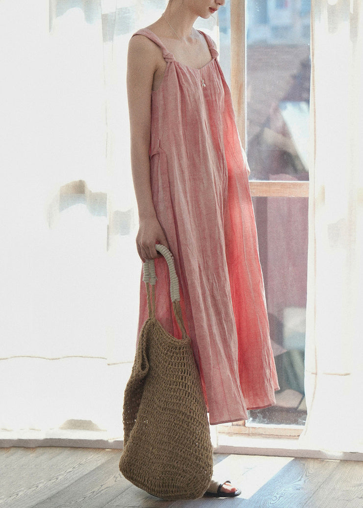 Art Pink Wear On Both Sides Tie Waist Linen Spaghetti Strap Dress Sleeveless