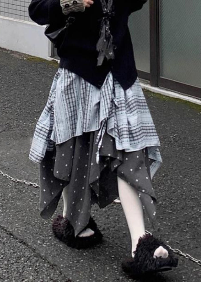Art Plaid Asymmetrical Elastic Waist Patchwork Cotton Skirt Spring