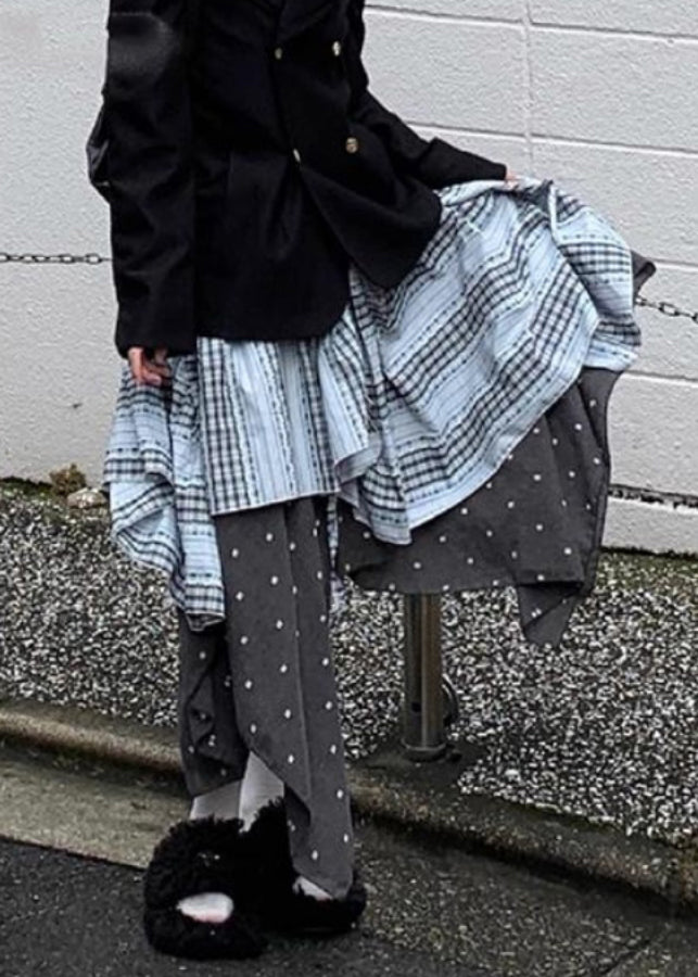 Art Plaid Asymmetrical Elastic Waist Patchwork Cotton Skirt Spring