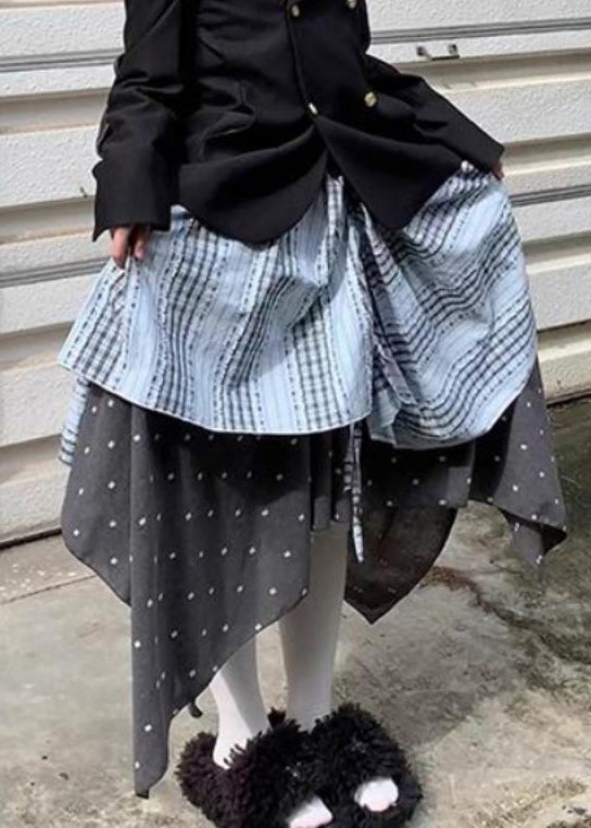 Art Plaid Asymmetrical Elastic Waist Patchwork Cotton Skirt Spring