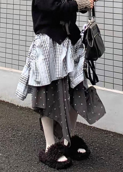 Art Plaid Asymmetrical Elastic Waist Patchwork Cotton Skirt Spring