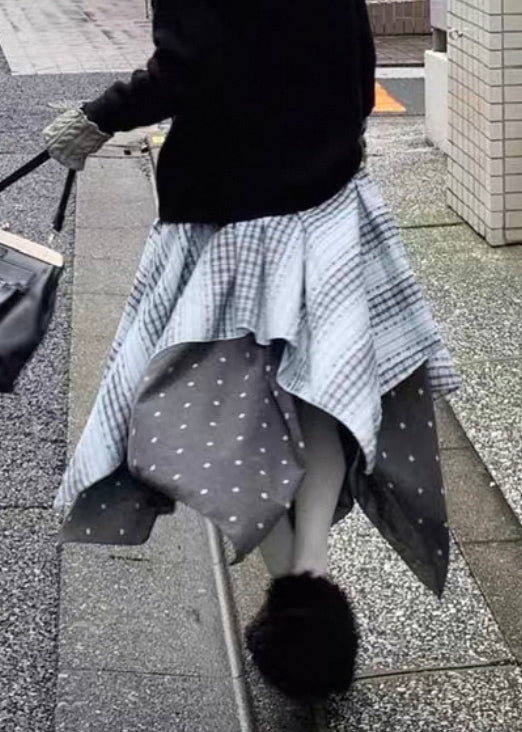 Art Plaid Asymmetrical Elastic Waist Patchwork Cotton Skirt Spring