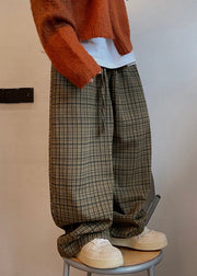 Art Plaid Pockets Drawstring Cotton Men Wide Leg Pants Fall
