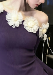 Art Purple Cold Shoulder Floral Knit Sweater Winter