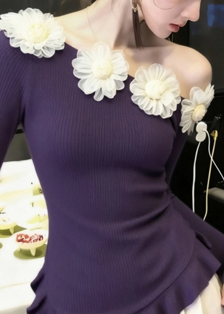 Art Purple Cold Shoulder Floral Knit Sweater Winter