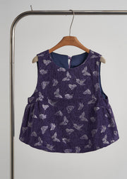 Art Purple Embroidered Butterfly Silk Velvet Two-Piece Set Sleeveless