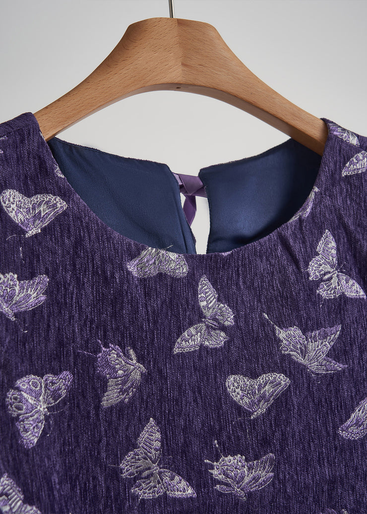 Art Purple Embroidered Butterfly Silk Velvet Two-Piece Set Sleeveless