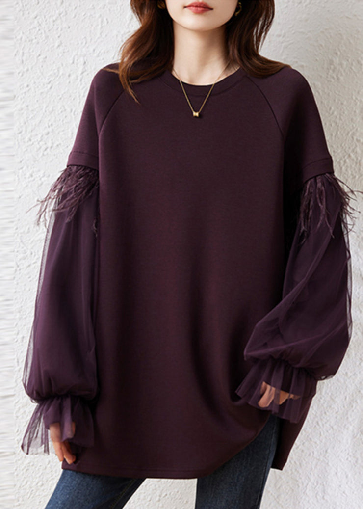 Art Purple Fringe Trim Patchwork Cotton Pullover Streetwear Fall