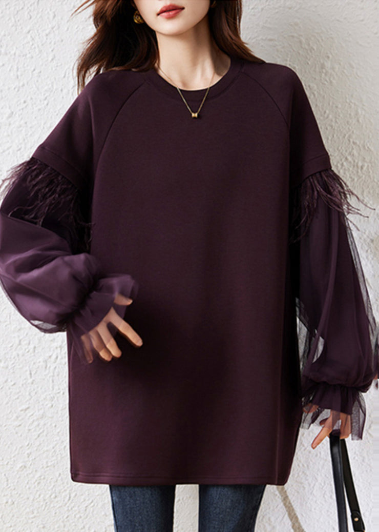 Art Purple Fringe Trim Patchwork Cotton Pullover Streetwear Fall