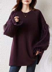 Art Purple Fringe Trim Patchwork Cotton Pullover Streetwear Fall