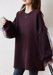 Art Purple Fringe Trim Patchwork Cotton Pullover Streetwear Fall