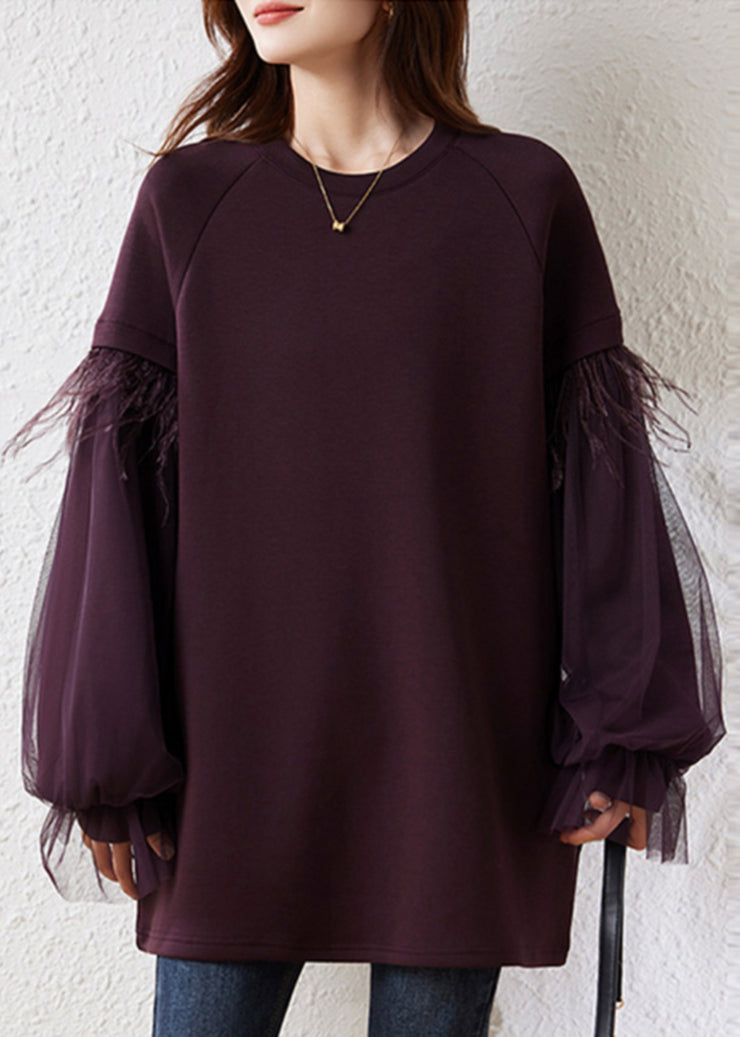 Art Purple Fringe Trim Patchwork Cotton Pullover Streetwear Fall