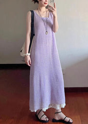 Art Purple Hollow Out Lace Knit Two Pieces Set Sleeveless