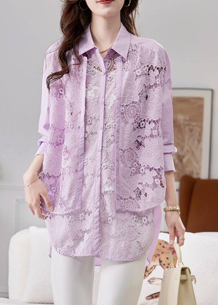 Art Purple Peter Pan Collar Hollow Out Fake Two Pieces Lace Tops Spring