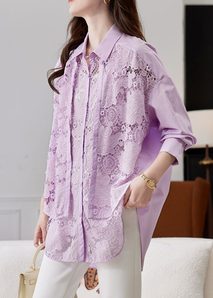Art Purple Peter Pan Collar Hollow Out Fake Two Pieces Lace Tops Spring