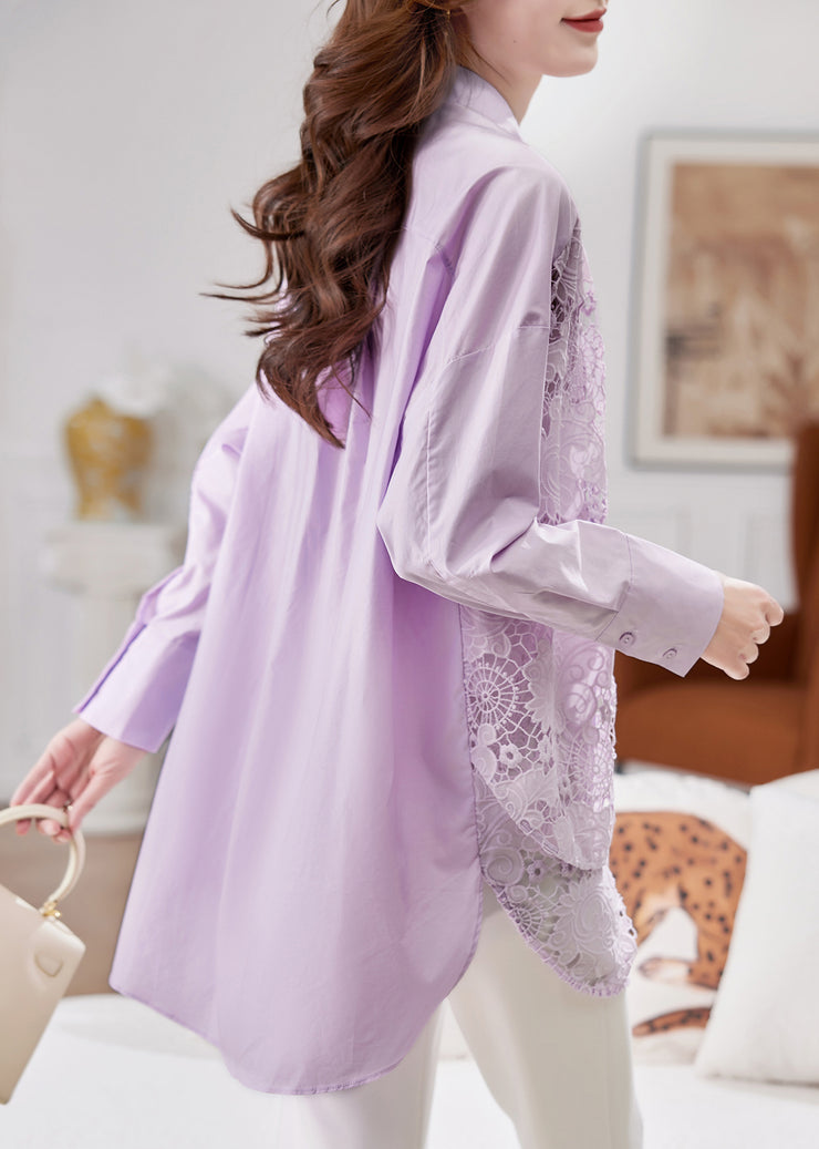Art Purple Peter Pan Collar Hollow Out Fake Two Pieces Lace Tops Spring