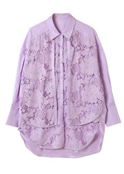 Art Purple Peter Pan Collar Hollow Out Fake Two Pieces Lace Tops Spring
