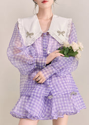 Art Purple Plaid Button Tulle Shirts And Shorts Two Pieces Set Fall