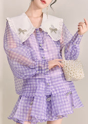 Art Purple Plaid Button Tulle Shirts And Shorts Two Pieces Set Fall