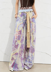 Art Purple Print Hollow Out Linen Wide Leg Pants Summer