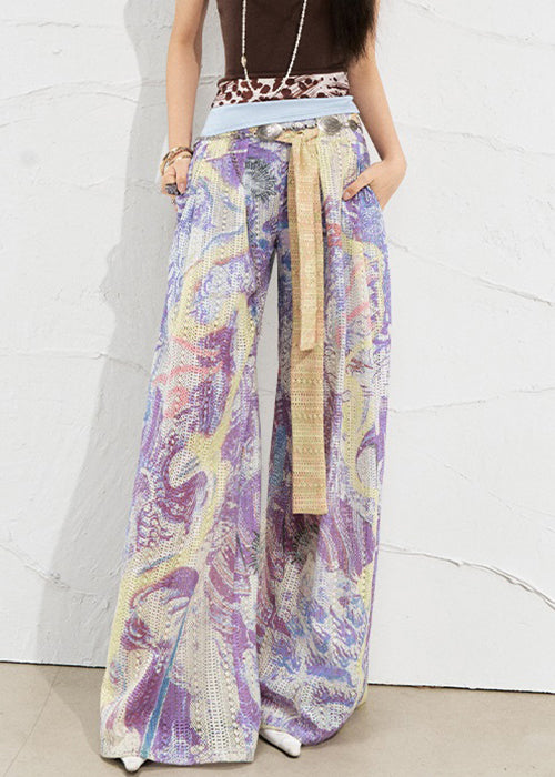 Art Purple Print Hollow Out Linen Wide Leg Pants Summer