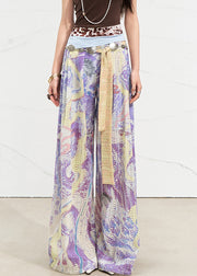 Art Purple Print Hollow Out Linen Wide Leg Pants Summer