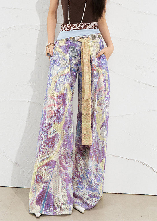 Art Purple Print Hollow Out Linen Wide Leg Pants Summer